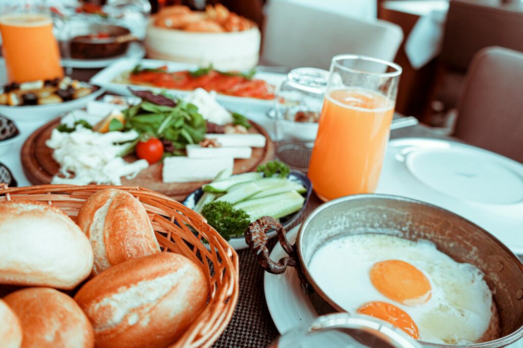 Various plates of brunch food